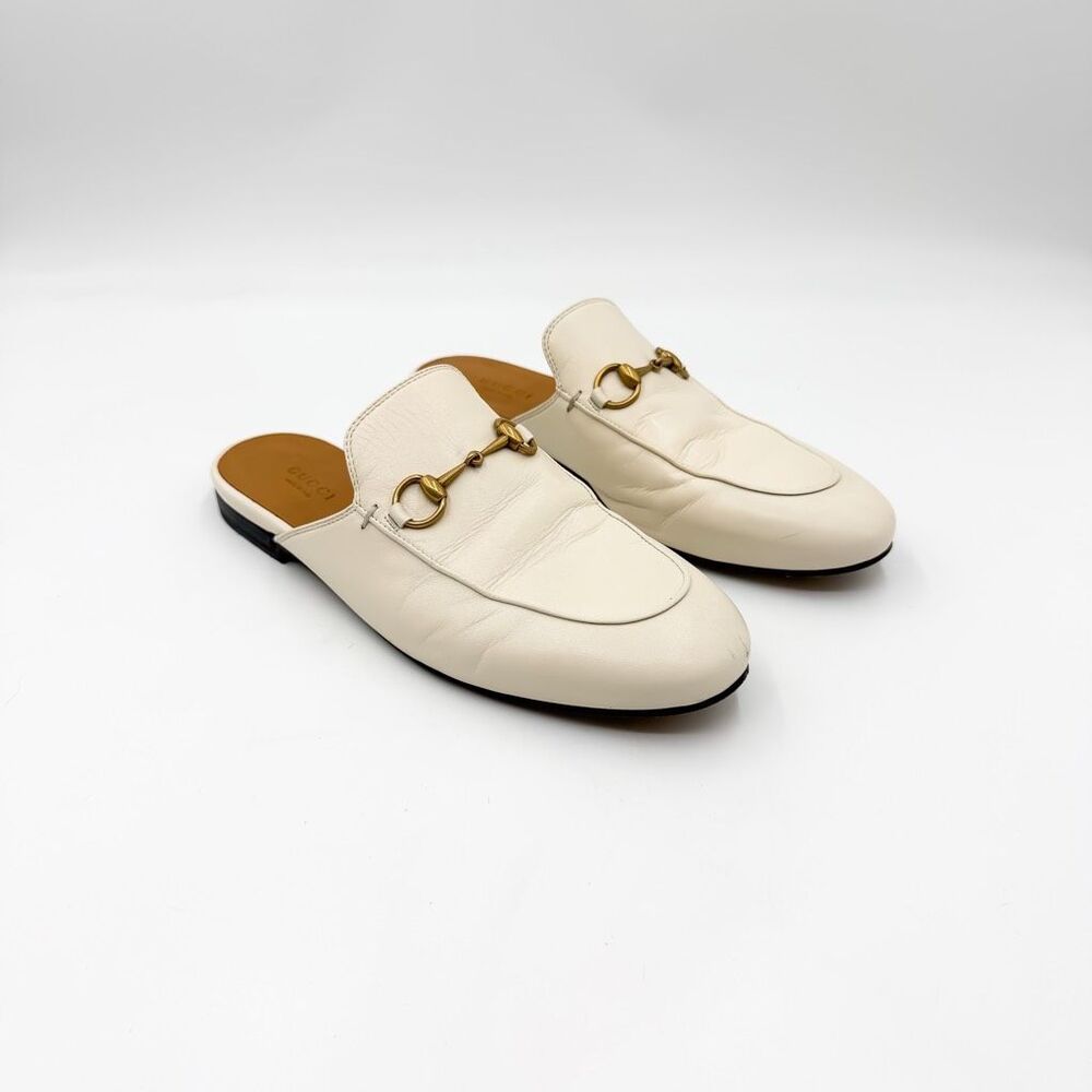 Gucci Princetown Loafers Horsebit White Leather Mules EU 38.5 US 8.5